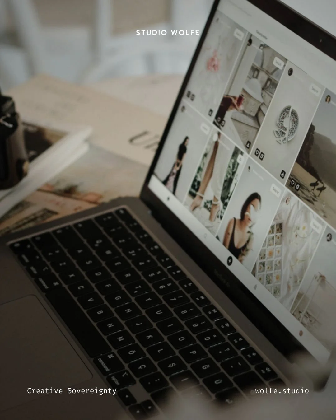 Laptop showing a grid of visual references, suggesting the process of gathering ideas into a coherent creative direction.