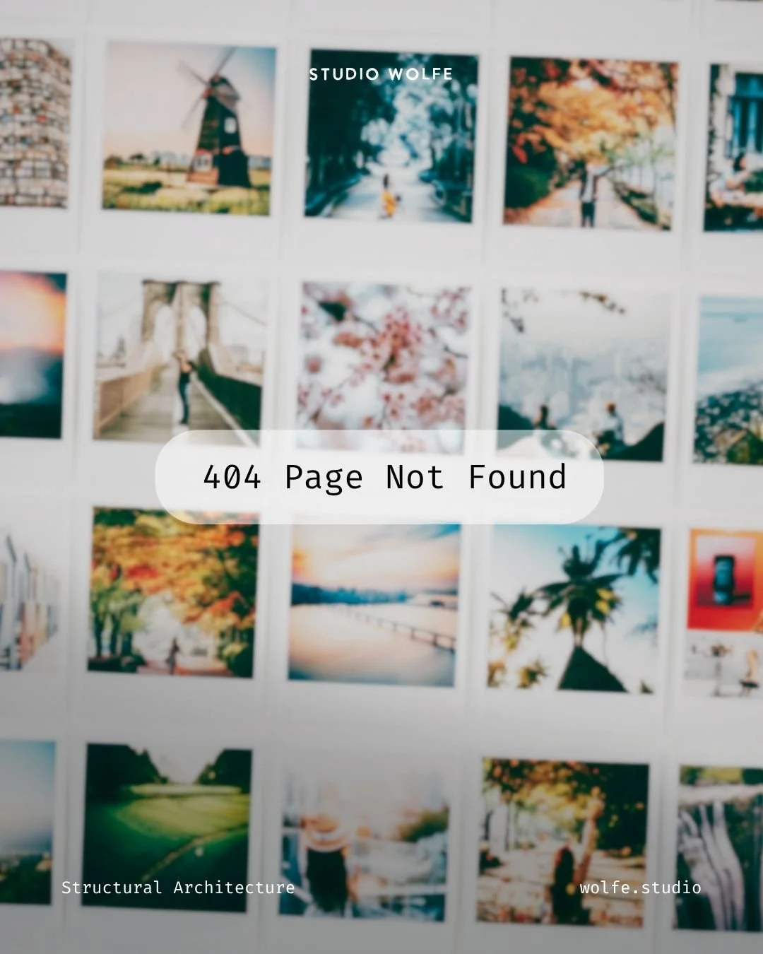 Blurred wall of photographs with a Studio Wolfe graphic overlay reading “404 Page Not Found.”