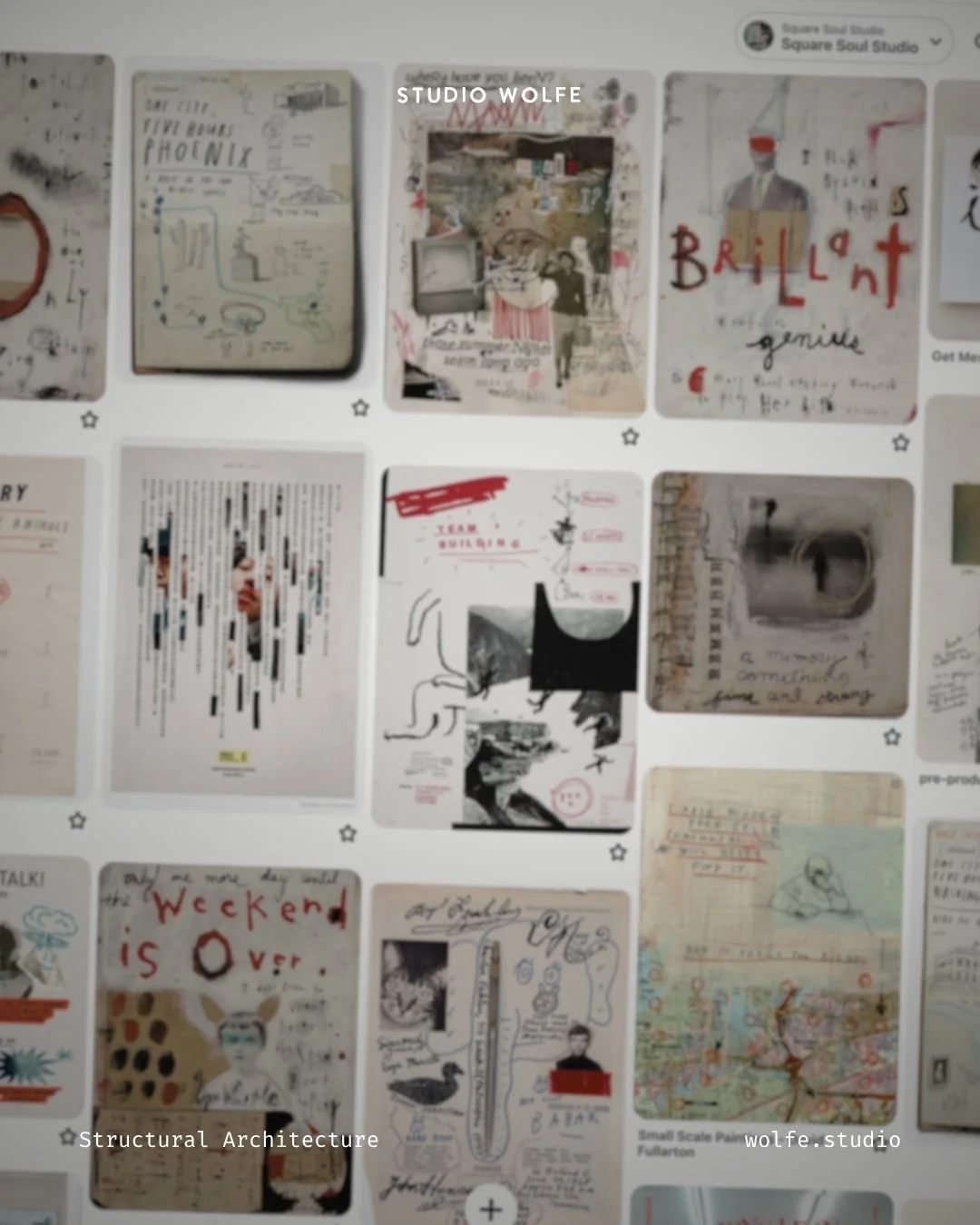 Blurred Pinterest-style visual grid showing many saved complex reference images on a screen.