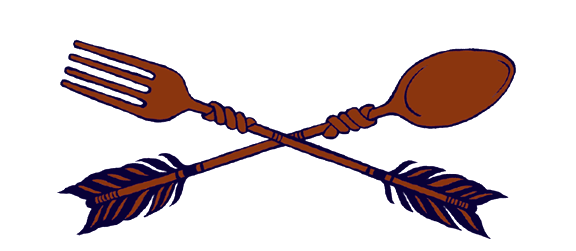 Illustration of a crossed fork and spoon with arrow-shaped handles.