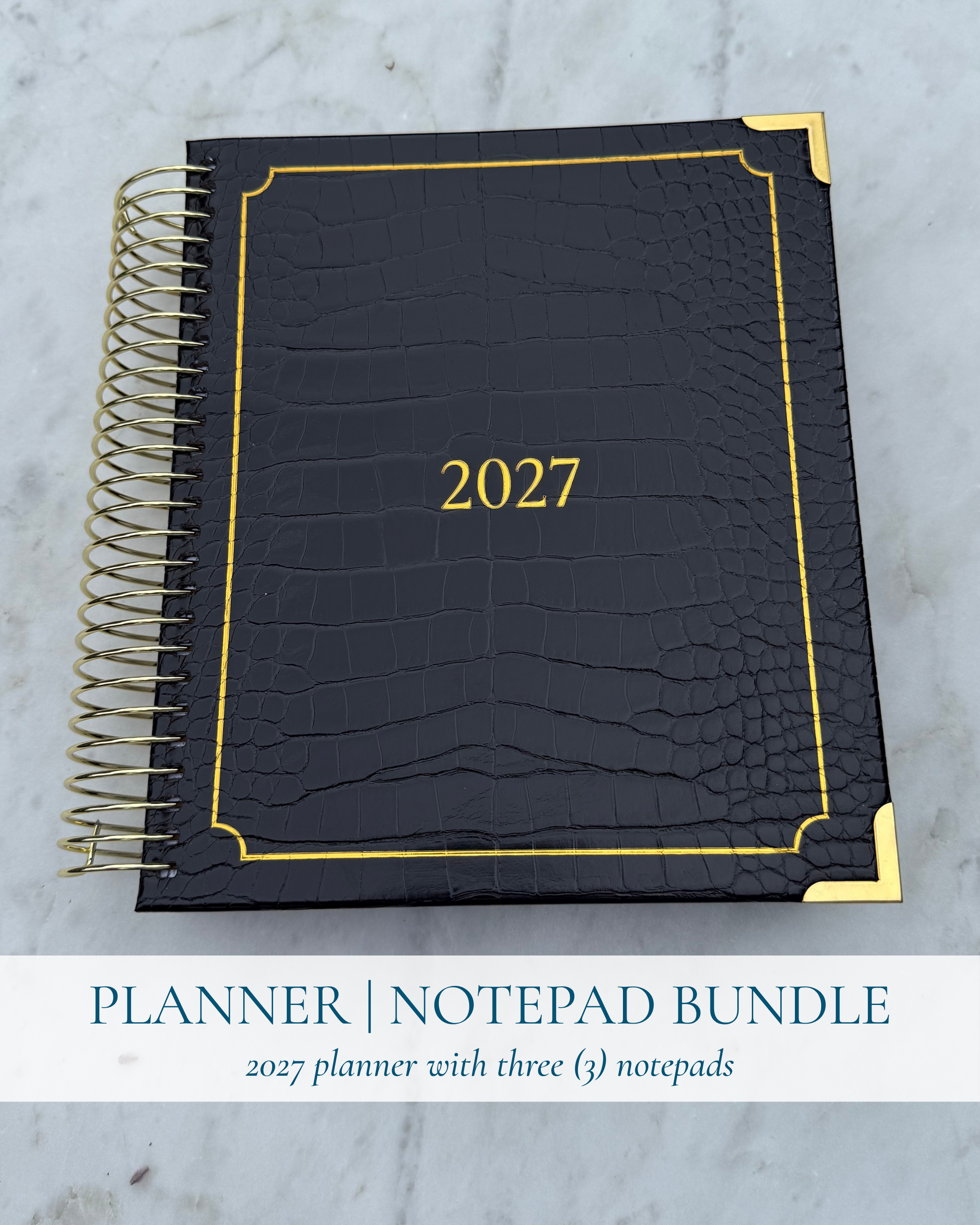 2027 Lynx Point Planner and Notepad Bundle Black Crocodile Vegan Leather Cover