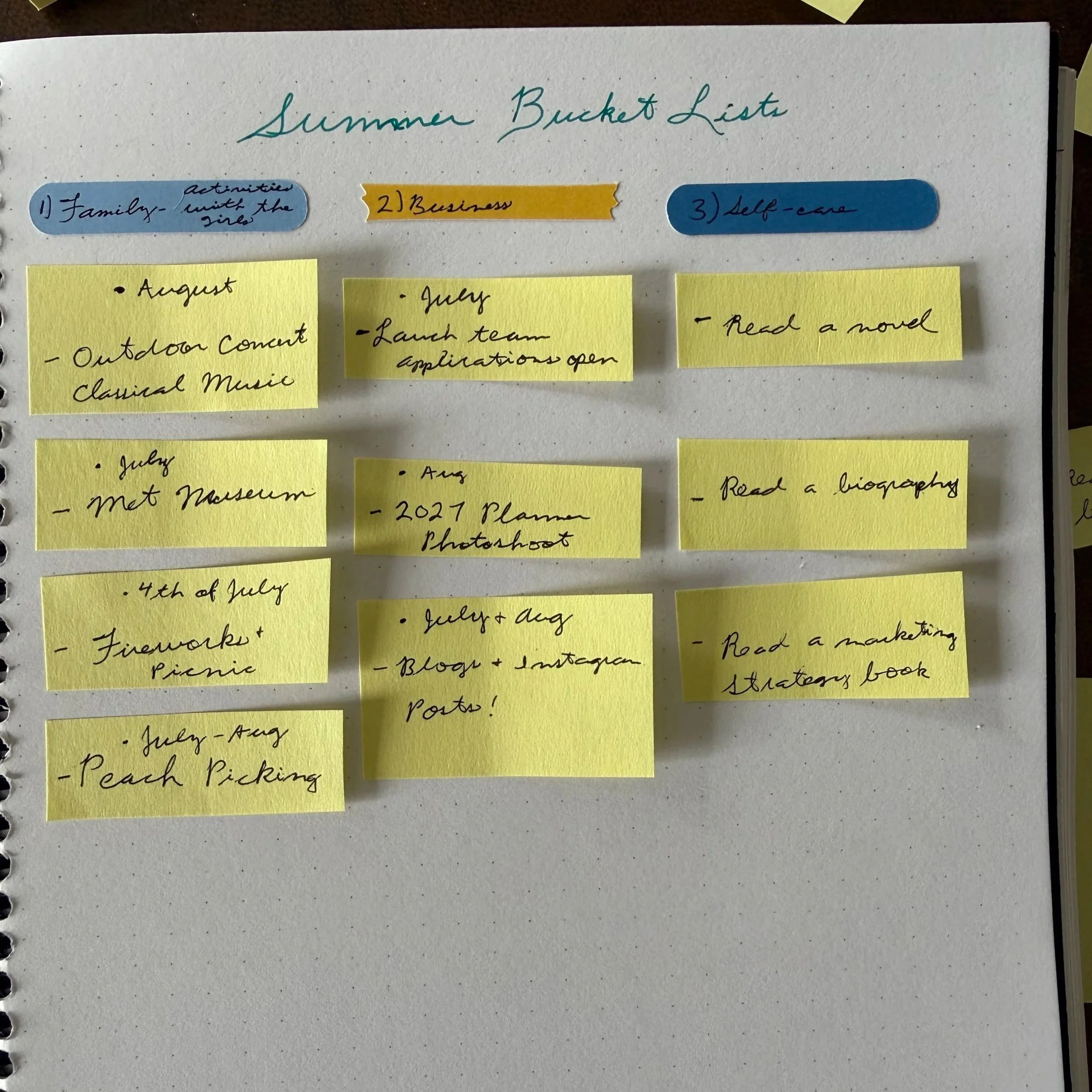 summer bucket list showing three categories