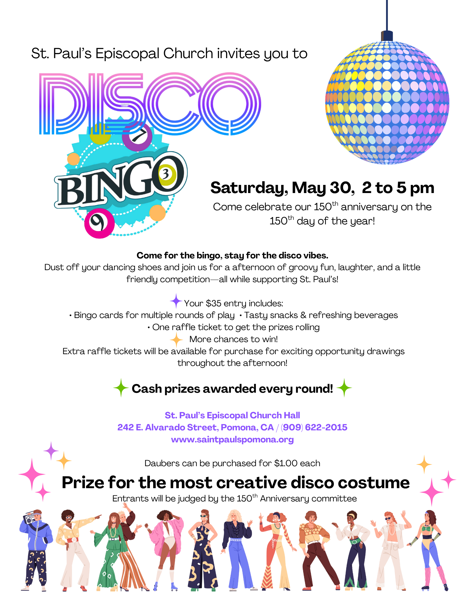 Flyer advertizing disco bingo. Rainbow disco ball and a line of funky dancers below.