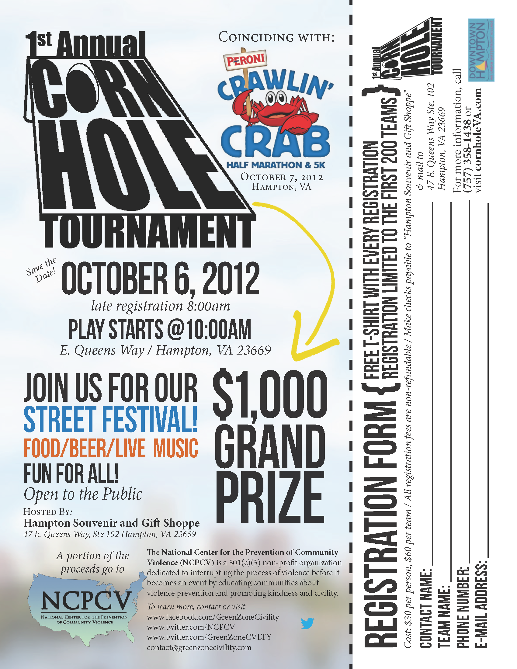Event Flyer + Registration "Form" | National Center for the Prevention of Community Violence (NCPCV) Cornhole Tournament