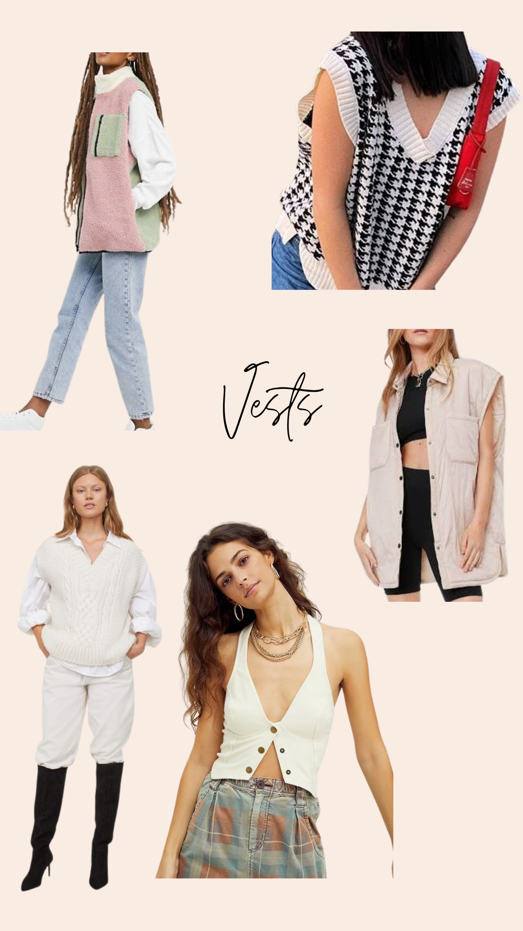 5) Vests - I’ll admit I’ve never been a vest gal. Maybe because they just don’t feel feminine to me. But these pictured, I would totally wear! My favorite vest trend I’m seeing is wearing a long button down shirt with a shorter sweater vest on top as a dress.