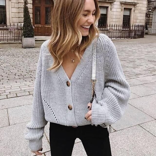 Long Sleeve Knitted Cardigans Sweater - Gray.jpeg