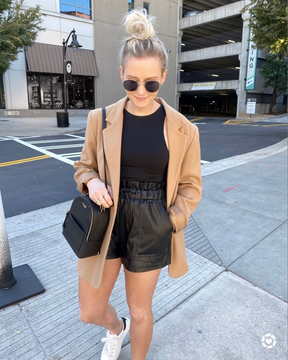 FAUX LEATHER SHORTS OUTFIT WITH CAMEL BLAZER.jpeg