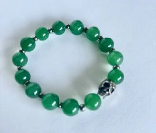 9" Green glass beads with Skull spacer