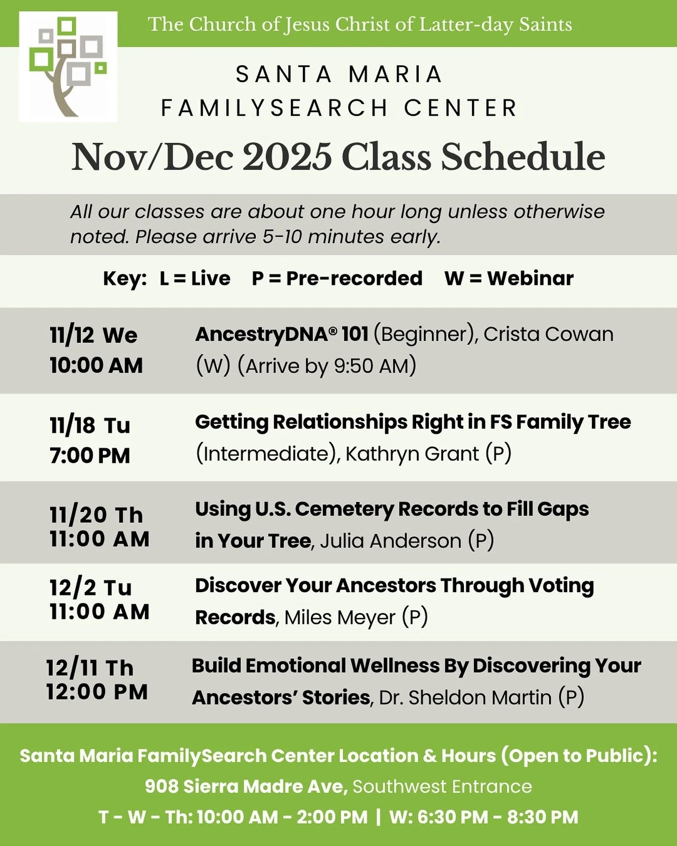 ❔Who are your ancestors? Find them at the FamilySearch Center in Santa Maria. 🌳Take a free class! See schedule above. 

With the holidays upon us, we will offer fewer classes for the rest of the year. Please arrive 5-10 minutes early and join us for
