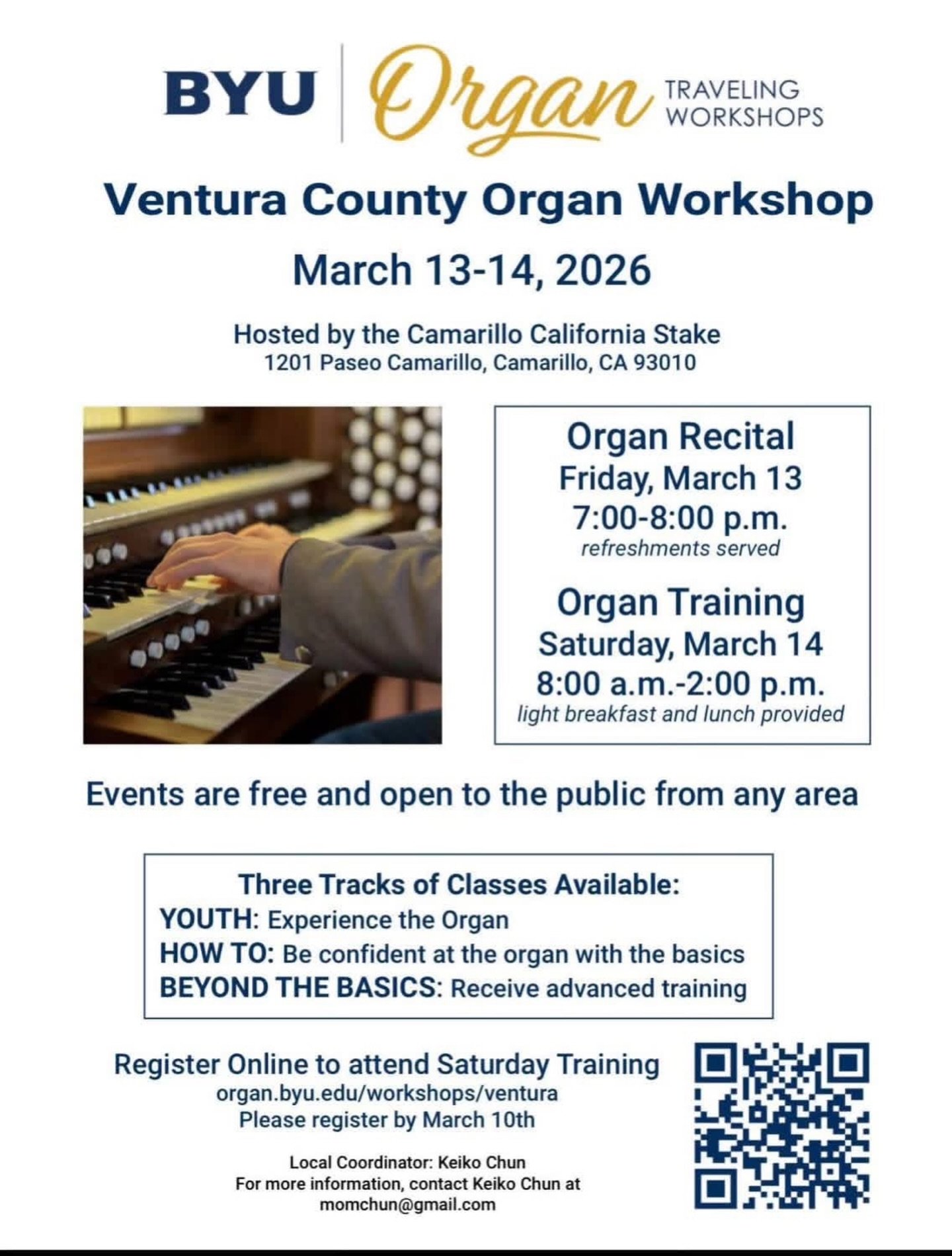 Free organ workshop! These workshops are gold. Hands-on learning with seasoned organ players who can help you whether you&rsquo;ve never touched an organ or if you&rsquo;ve been playing for years. Register at https://organ.byu.edu/workshops/ventura