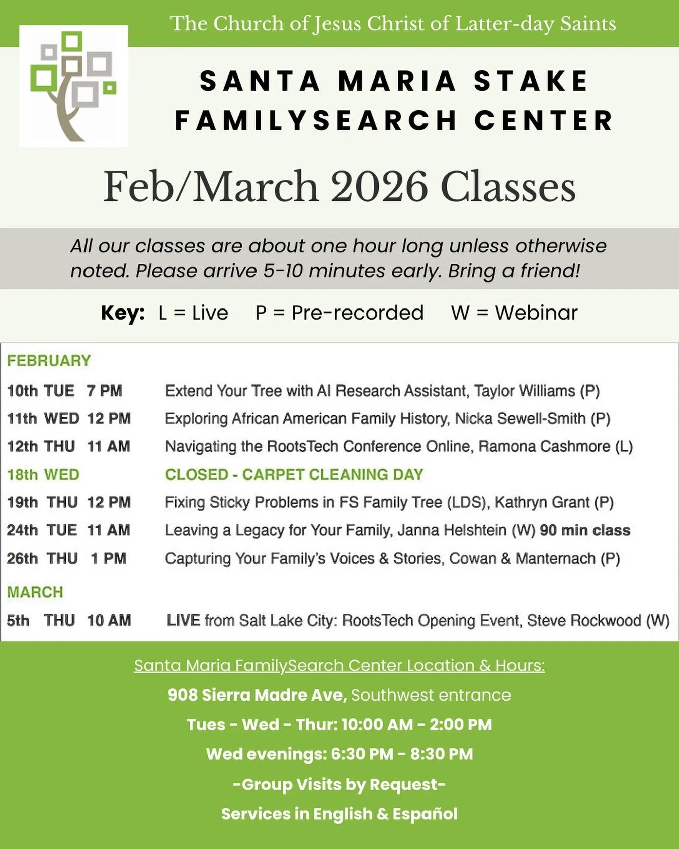 Take a free class with knowledgeable genealogy specialists at the FamilySearch Center in Santa Maria. 🌳 See schedule above. Please arrive 5-10 minutes early and join us for a short discussion afterward or practice what you learned.

Warmly,
Ramona C