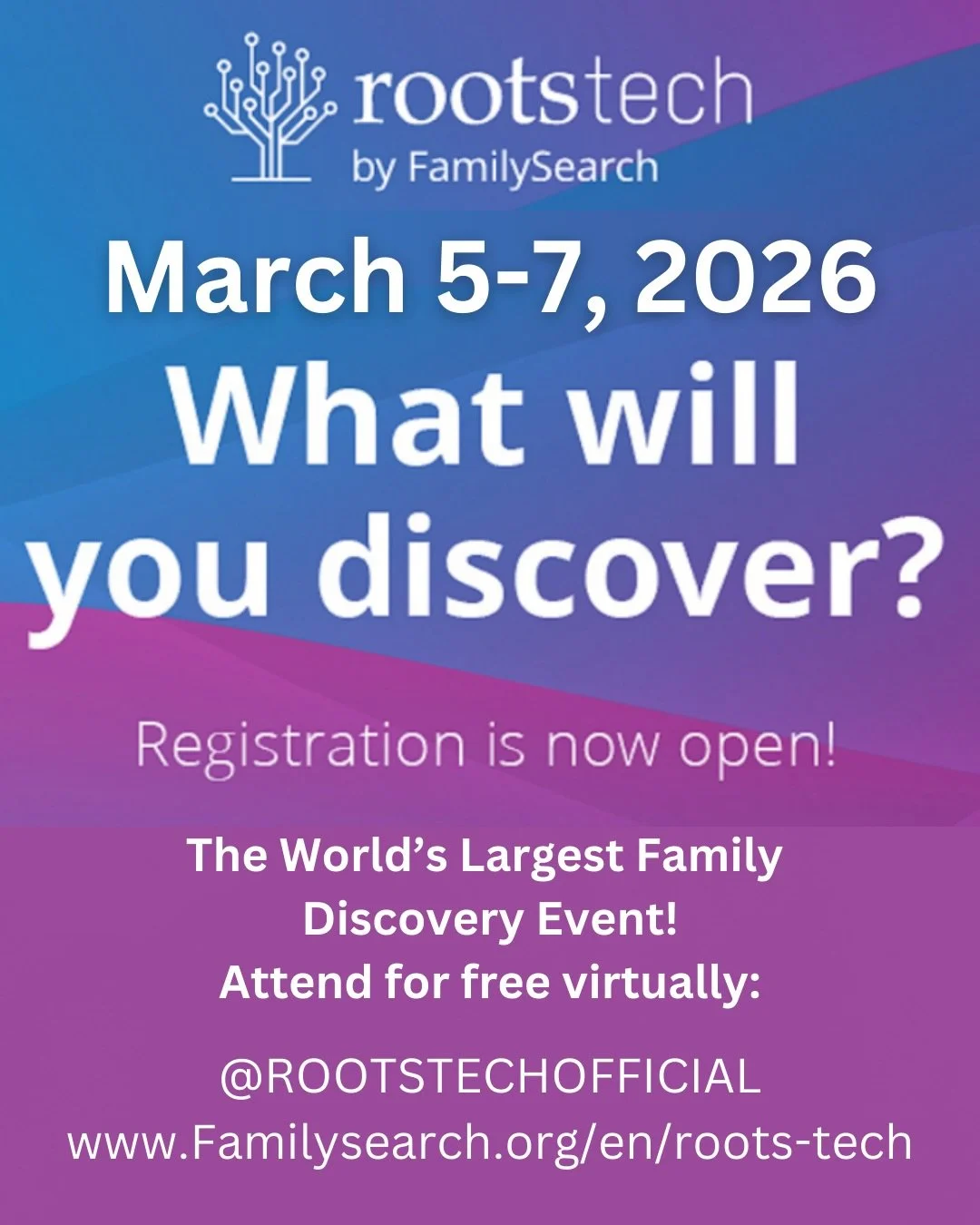 @Rootstech is your opportunity to learn more about various family history subjects from the largest gathering of speakers and classes worldwide. It&rsquo;s also right around the corner on March 5-7 in Salt Lake City, or online from the comfort of you