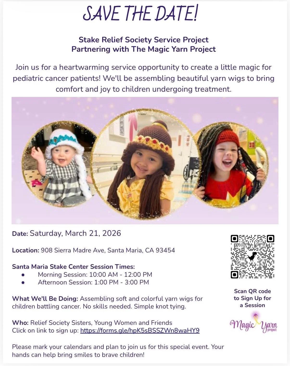 You are invited to create a little magic for pediatric cancer patients! Working along @themagicyarnproject, we will be assembling beautiful yarn wigs to bring comfort and joy to children undergoing treatment. 

Stake Relief Society, Young
Women &amp;