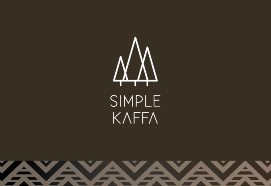Logo for Simple Kaffa featuring stylized trees and geometric patterns on a brown background.