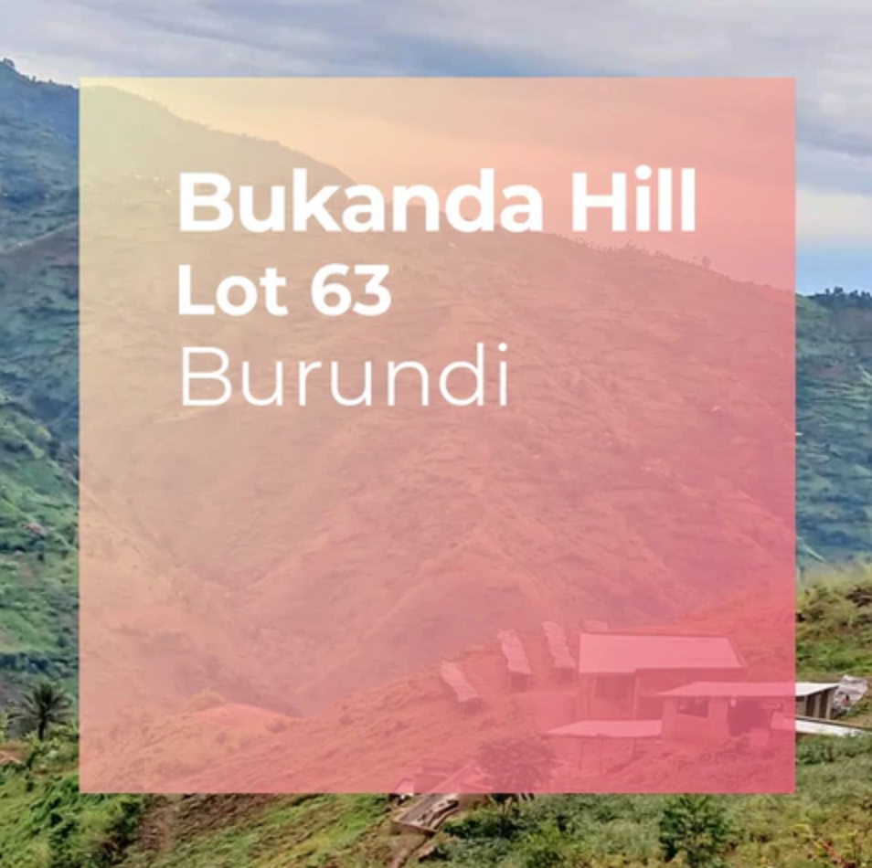 Hilly landscape with green vegetation and small buildings, overlaid with text indicating location details in Burundi.