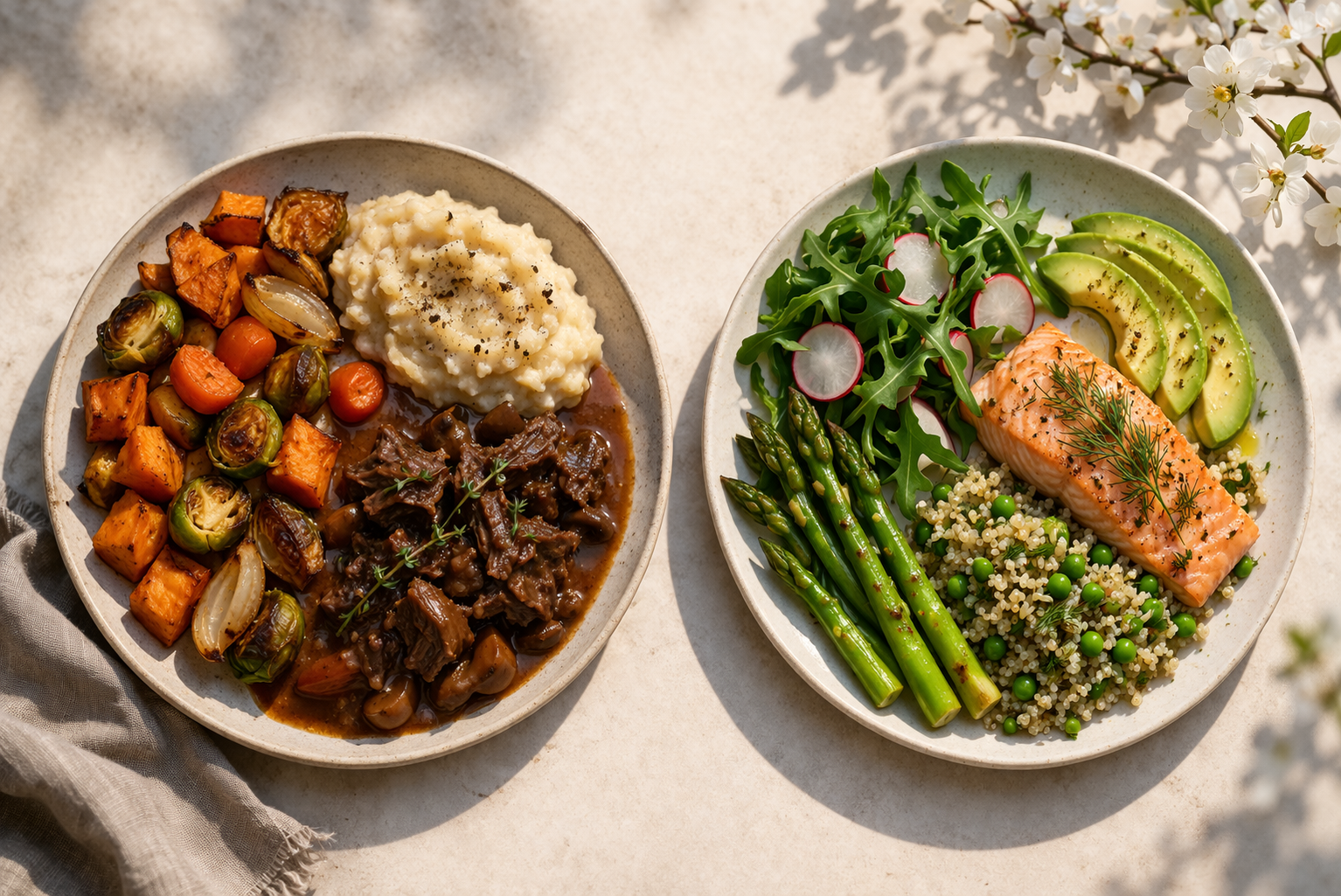 winter meal example and a spring meal example for seasonal nutritional support of the body