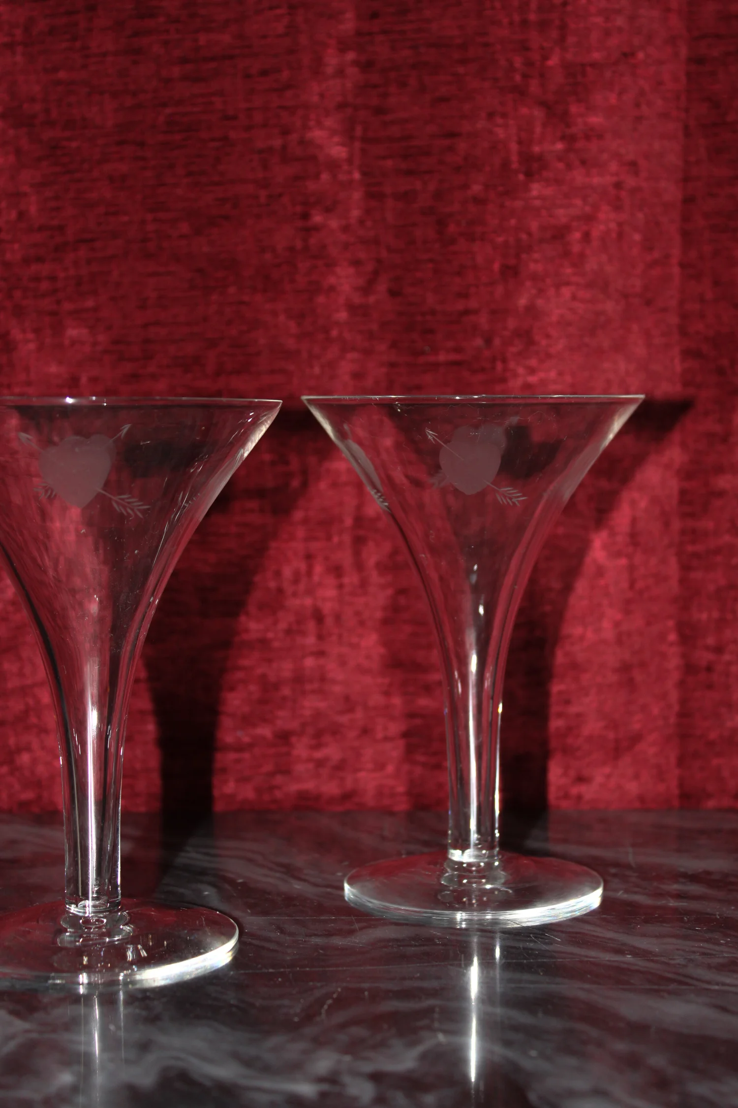 Pair of Antique Hand Etched Hollow Stem Coupes  Ridgeview Antiques