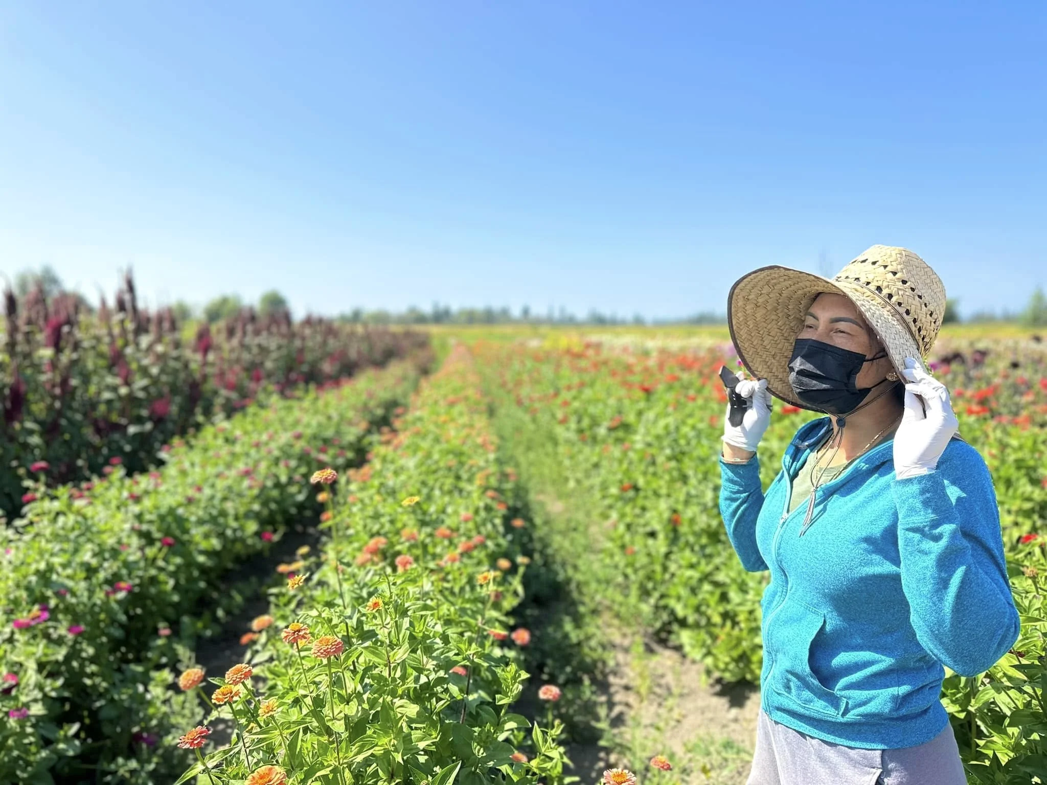 A woman in a straw hat and black face mask holding a flower shows her smiling while in a field of colorful flowers under a clear blue sky.