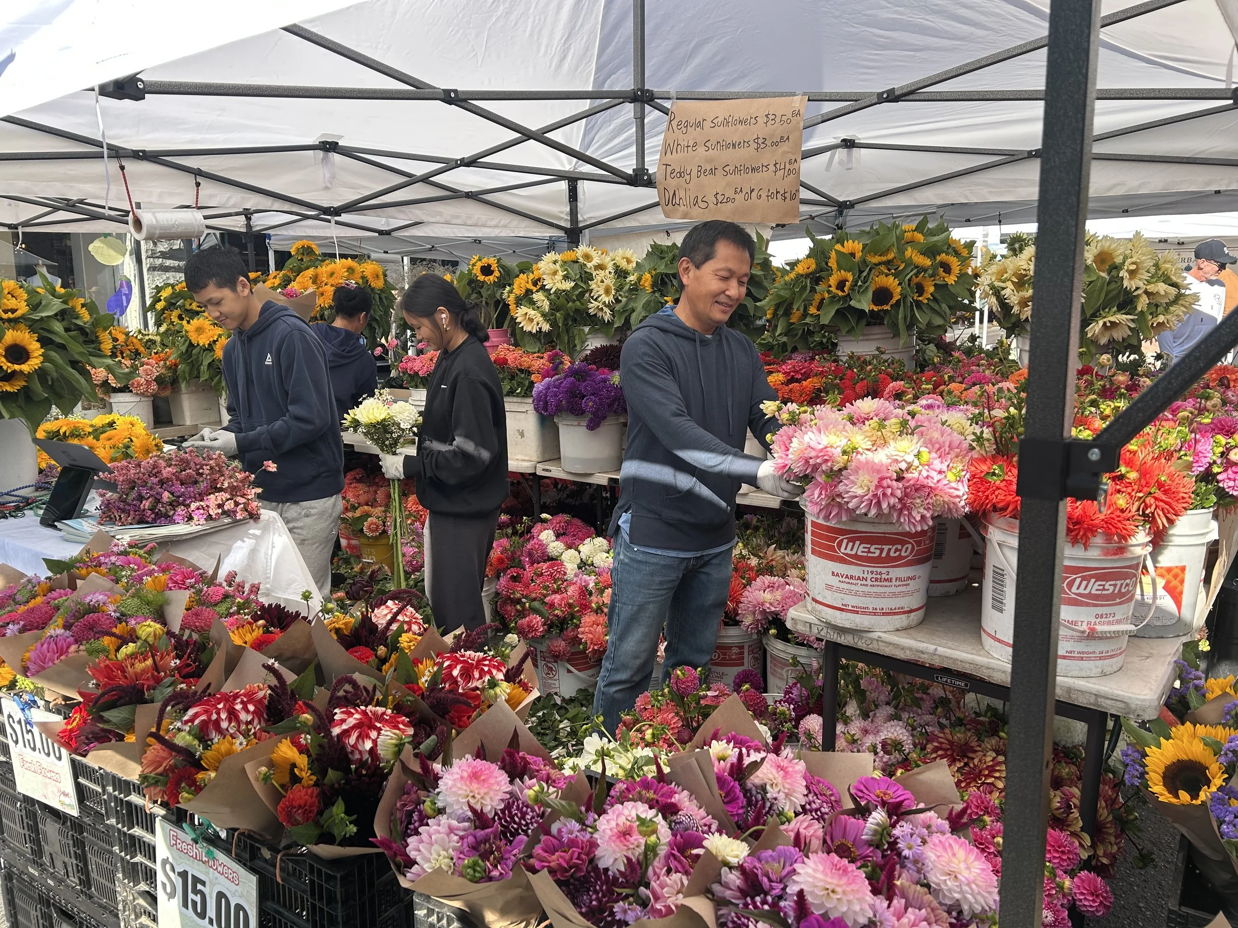 A flower stall at a market with numerous colorful flowers, including sunflowers and dahlias, in buckets and boxes. People are shopping, and a handwritten price sign is displayed overhead.