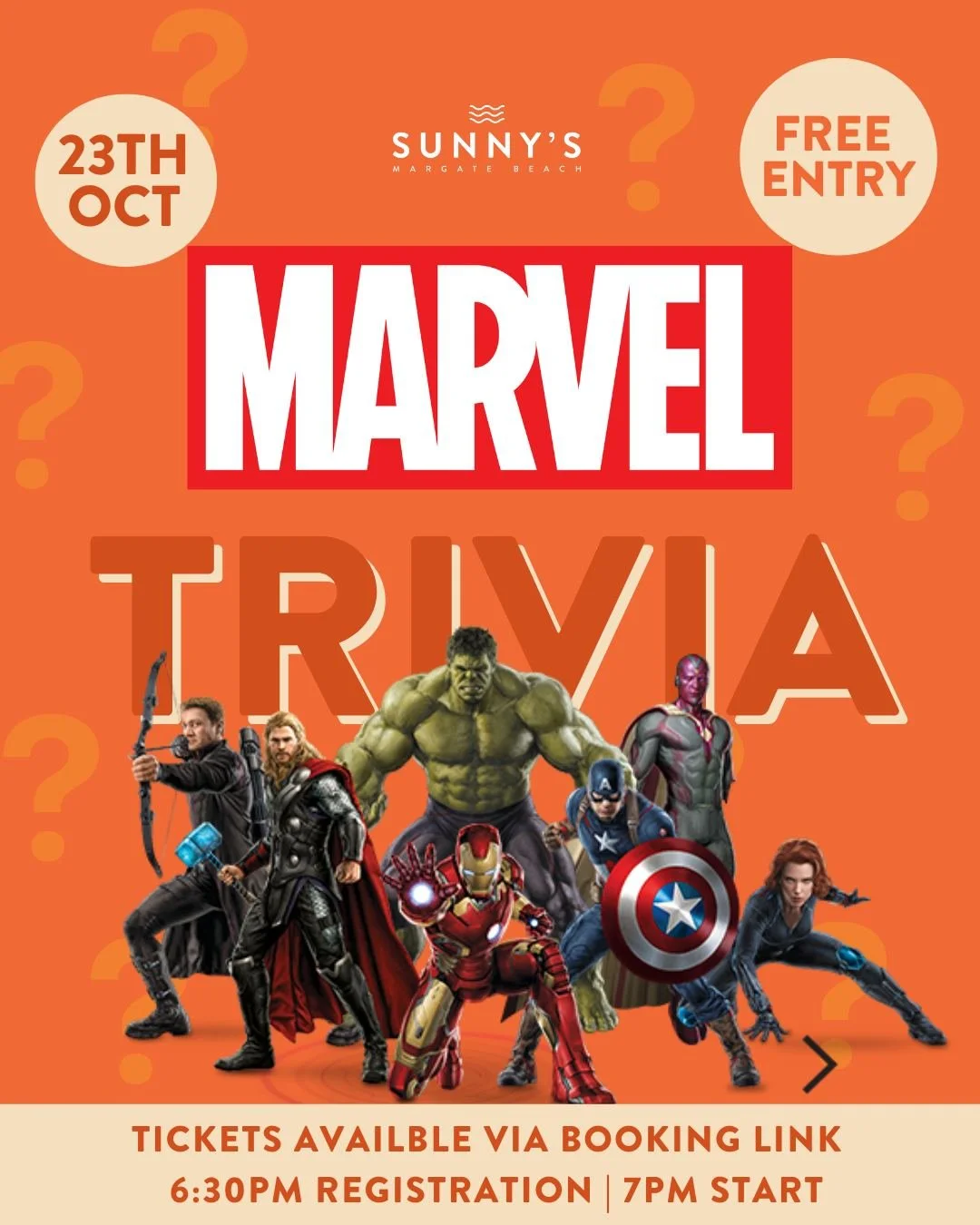 🦸&zwj;♂️ Assemble your squad &ndash; Marvel Trivia is back at Sunny&rsquo;s! 💥

Think you know your Iron Man from your Ant-Man? Test your superhero knowledge over dinner, drinks and a whole lot of laughs!

📅 Thursday 23 October | ⏰ From 6:30pm
🎟 