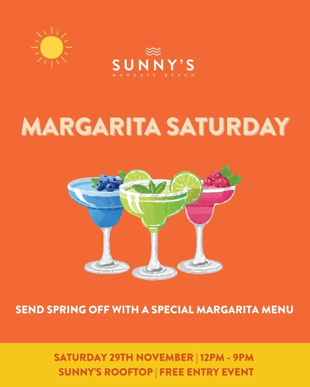 We&rsquo;re throwing open the rooftop from 12 PM - 9 PM this Saturday to say a huge THANK YOU to all our Sunny&rsquo;s locals for another incredible year! 🍹✨

To send spring off in style, we&rsquo;ve got a special Margarita offer for one day only - 