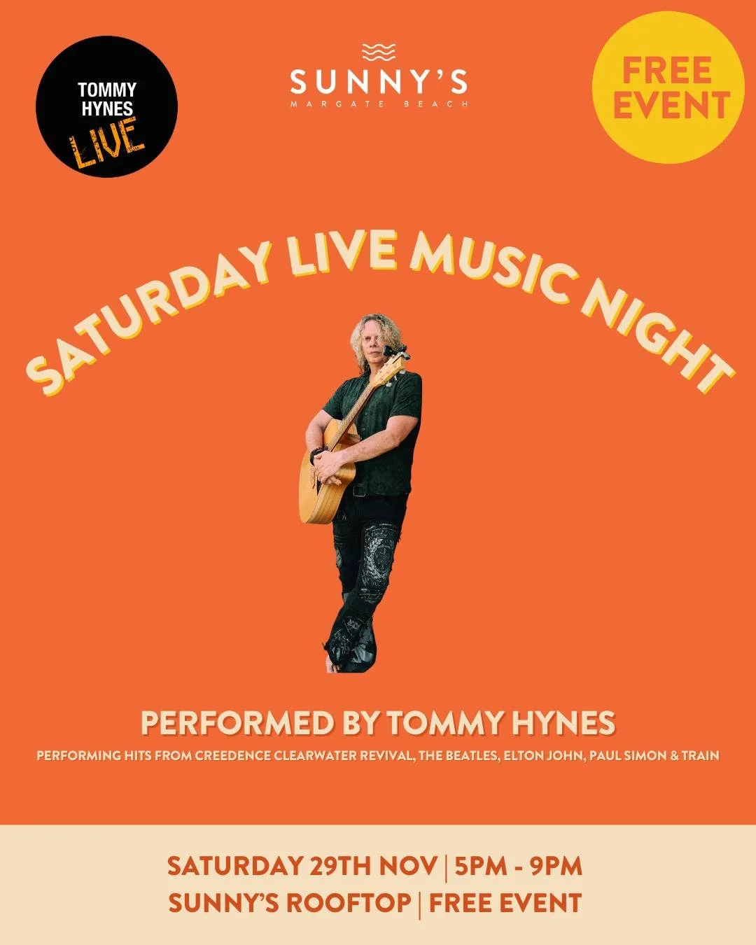 Settle in on the rooftop this Saturday for sunset drinks, ocean views and live tunes from Tommy Hynes. It&rsquo;s the perfect way to ease into your weekend with good company and even better vibes.

🎤 Live Performance by Tommy Hynes
Playing classics 