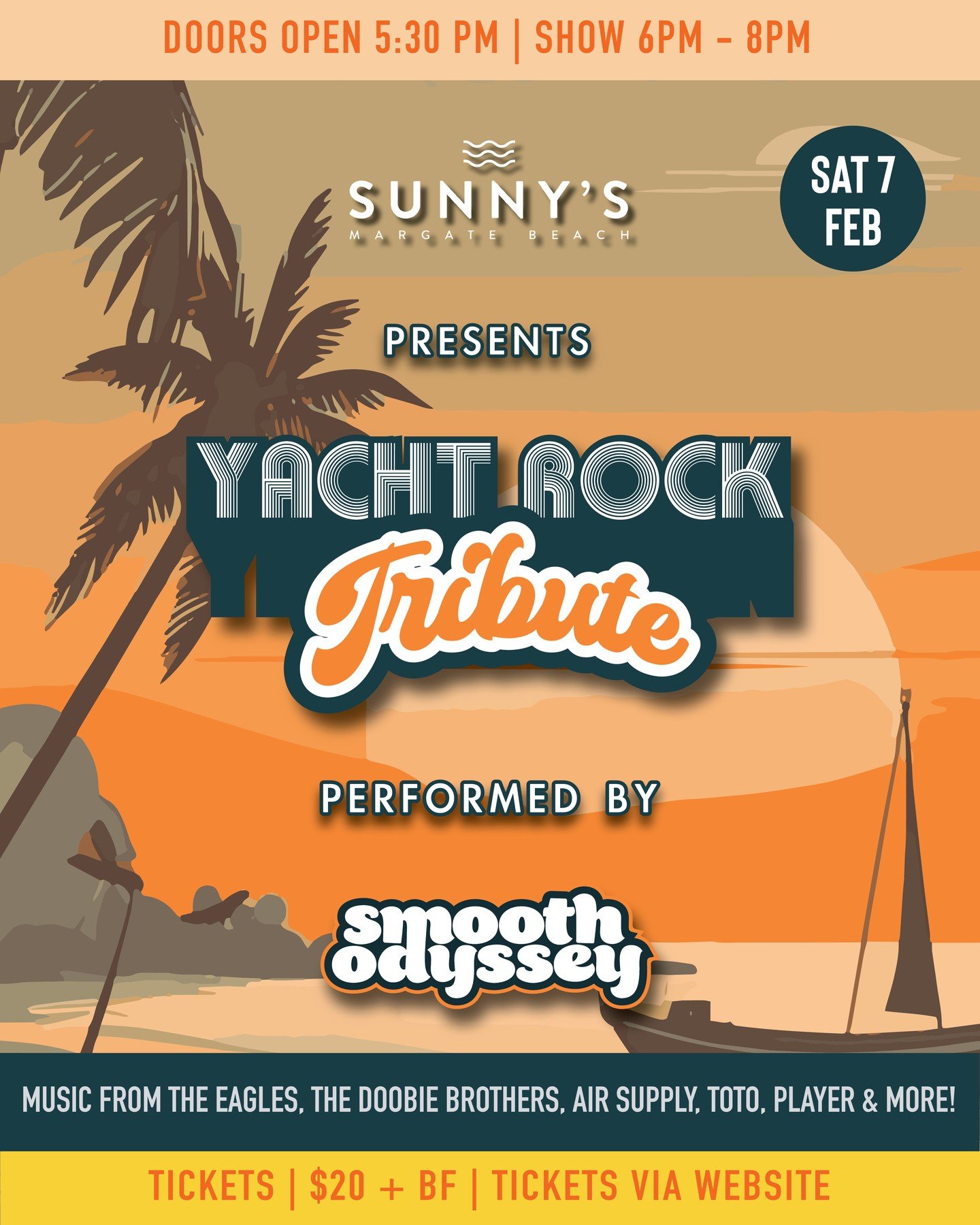 Missed Smooth Odyssey on the weekend?
This one&rsquo;s for you 🌴🎶

They&rsquo;re back on the rooftop with a Yacht Rock Tribute &mdash; smooth classics, sunset vibes and all the feel-good hits you know and love.

📅 Sat 7 Feb
📍 Sunny&rsquo;s Margat