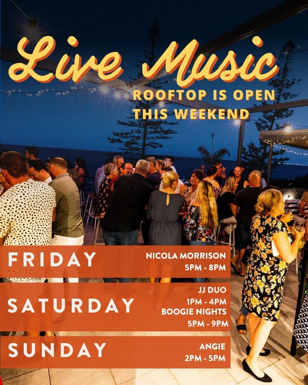 LIVE MUSIC ALL WEEKEND LONG☀️
Friday - Live Music on the Rooftop w/ Nicola Morrison 5&ndash;8pm 🎶
Saturday - Live Music on the Rooftop w/ JJDUO 1-4pm
Boogie Nights w/ Smooth Odyssey  5&ndash;9pm 🕺
Sunday - Live Music on the Rooftop w/ Angie 2&ndash