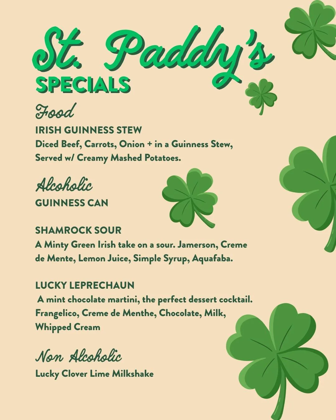 St Paddy&rsquo;s specials have landed at Sunny&rsquo;s 🍀

From March 14 &ndash; 17 we&rsquo;re serving up festive favourites including Irish Guinness Stew, Shamrock Sours, Lucky Leprechaun martinis, and our Lucky Clover Lime Milkshake.

Good food, g