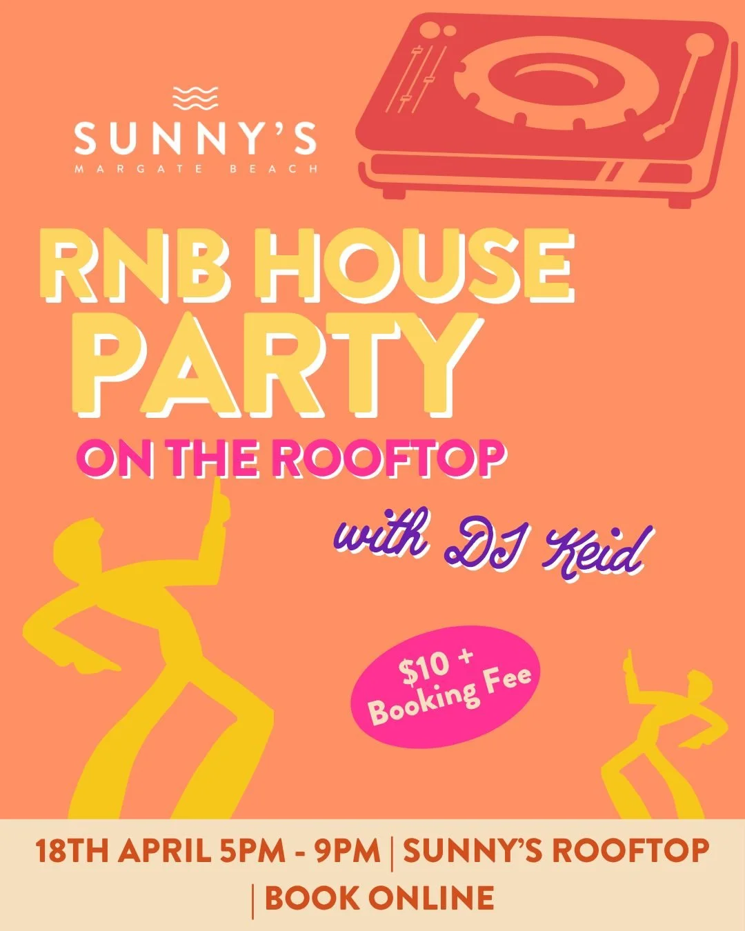 We&rsquo;re hosting an RNB HOUSE PARTY 🔥
All your favourite RNB tracks, good vibes and a dancefloor that won&rsquo;t quit 🎶
📅 Saturday 18th April
🕠 Doors from 5PM
🕠 5PM &ndash; 9PM
📍 Sunny&rsquo;s Rooftop
🎧 DJ KEID
💸 $10 + booking fee
We&rsqu