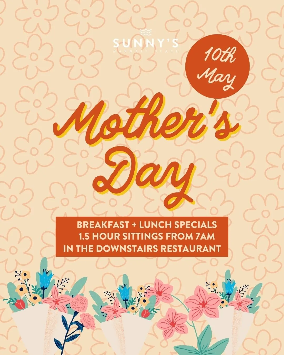 Celebrate Mum the Sunny&rsquo;s way 🌸

Join us this Mother&rsquo;s Day, Sunday 10th May, for breakfast or lunch downstairs with delicious specials and good vibes all around ☀️

🕖 1.5-hour sittings from 7am

Make it a day she&rsquo;ll love 💛
👉 Boo