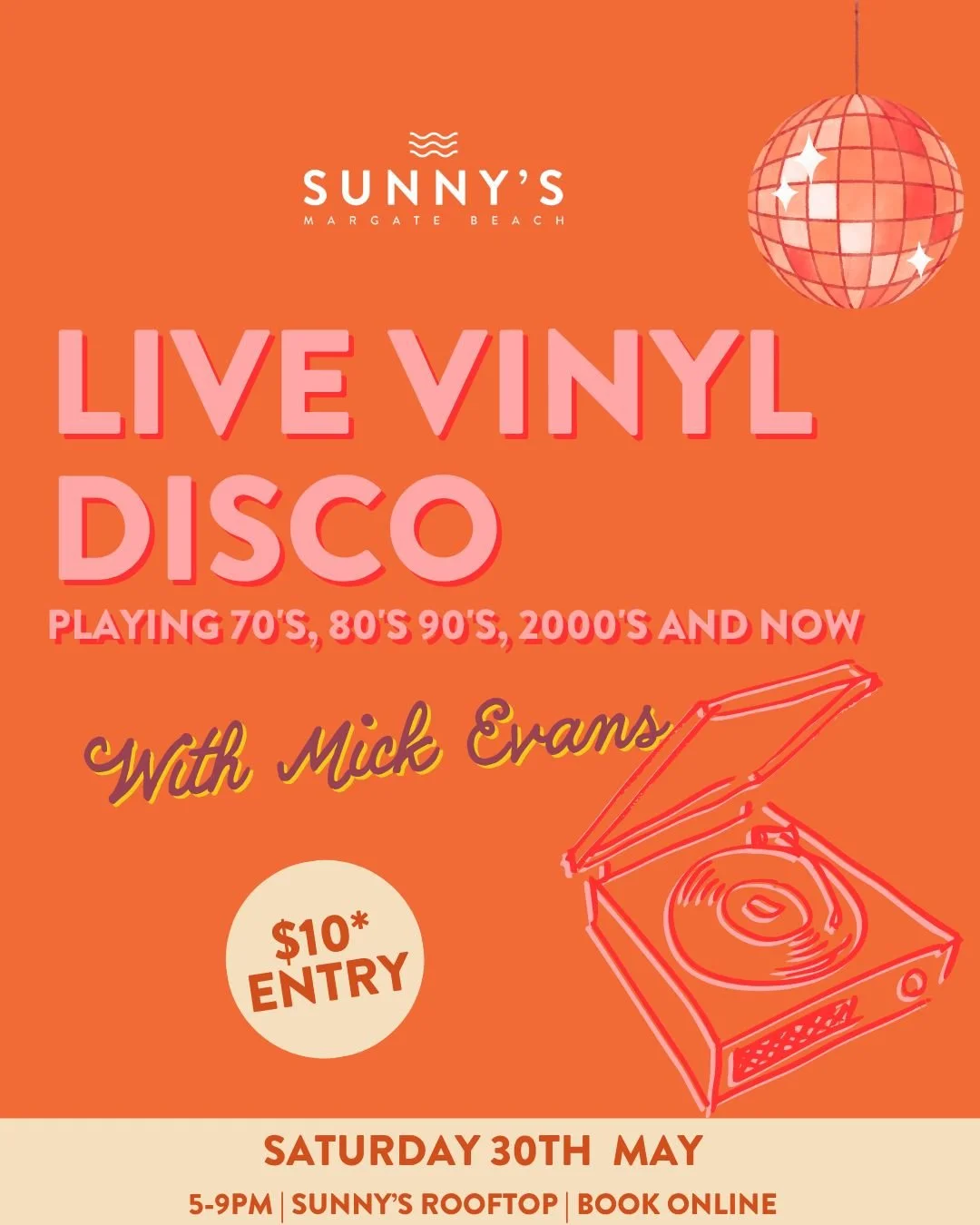 Live Vinyl Disco on the rooftop 🪩🔥

We&rsquo;re spinning it back with all the classics &mdash; 70s, 80s, 90s, 2000s and now, played the way they&rsquo;re meant to be&hellip; on vinyl 🎶

🎧 Mick Evans live
📅 Saturday 30th May
🕔 5&ndash;9pm
📍 Sun