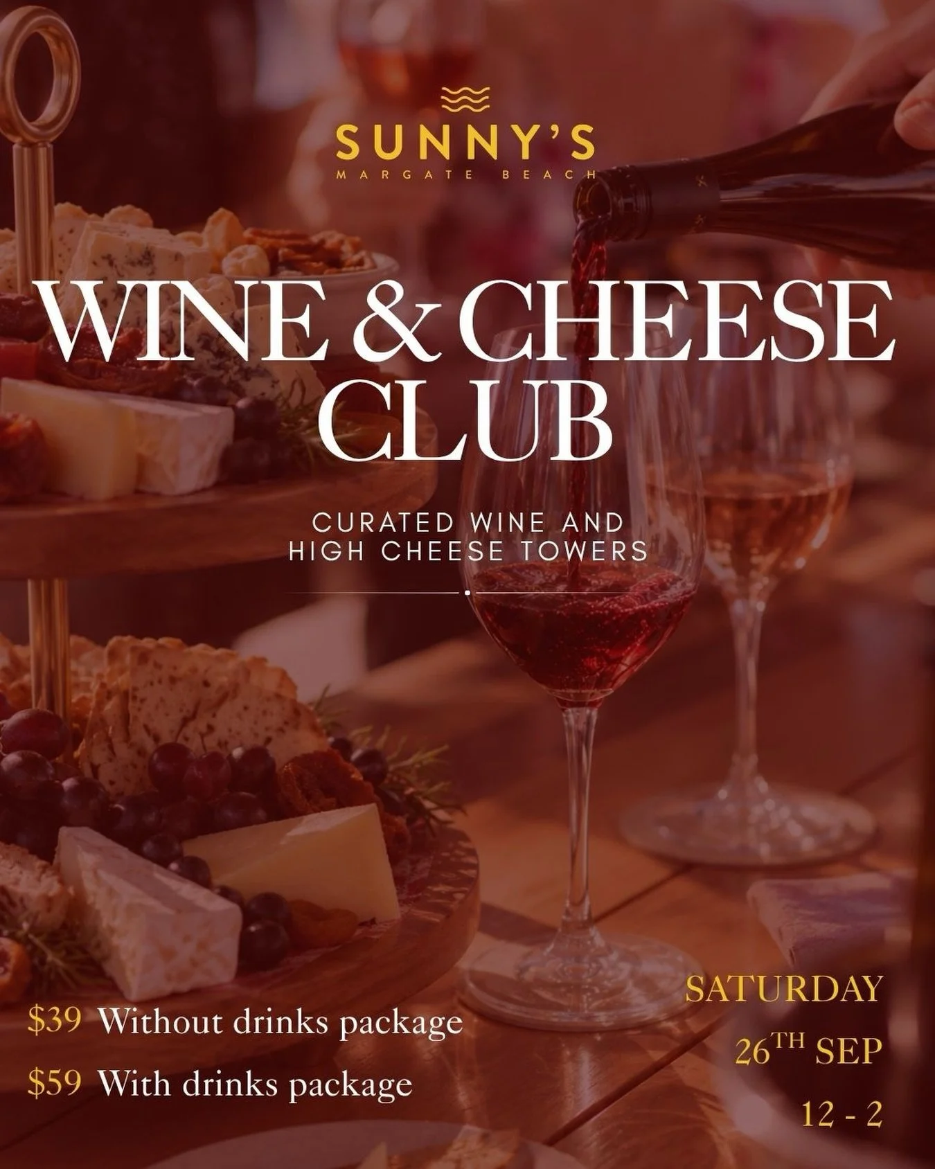 Good wine. Better company. 🍷🧀

Join us for curated wine, high cheese towers and waterfront views at Sunny&rsquo;s Margate Beach.

🎟️ Tickets available in our bio
.
#wineandcheeseclub #sunnysmargatebeach