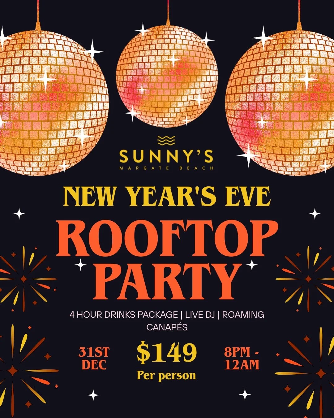✨ One last party before 2027. 🪩🥂

Celebrate New Year&rsquo;s Eve rooftop style at Sunny&rsquo;s Margate Beach, with a 4-hour drinks package, roaming canap&eacute;s and a live DJ to keep you dancing until midnight. 🍸🎶

🥂 $149 per person
📅 Thursd