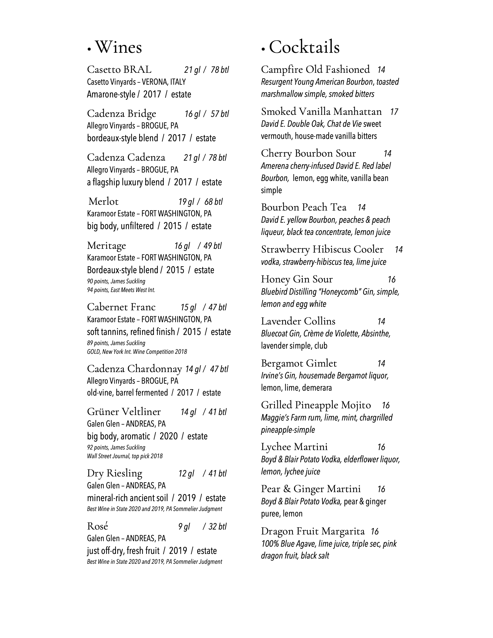 Our Bar craft cocktails, craft mixology, wine, craft beer in Pottstown