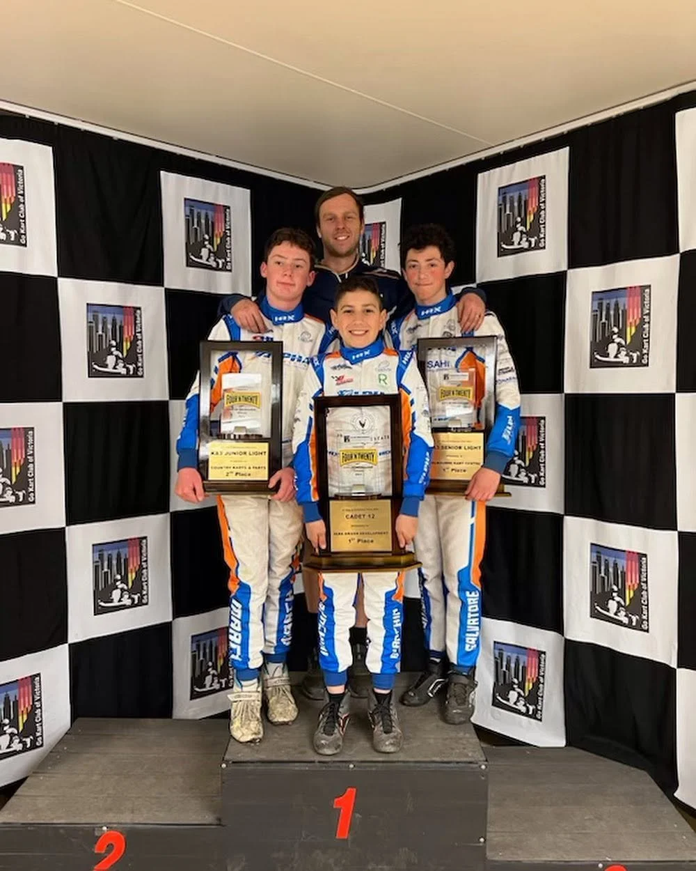 Alpha Motorsport team celebrating together with trophies