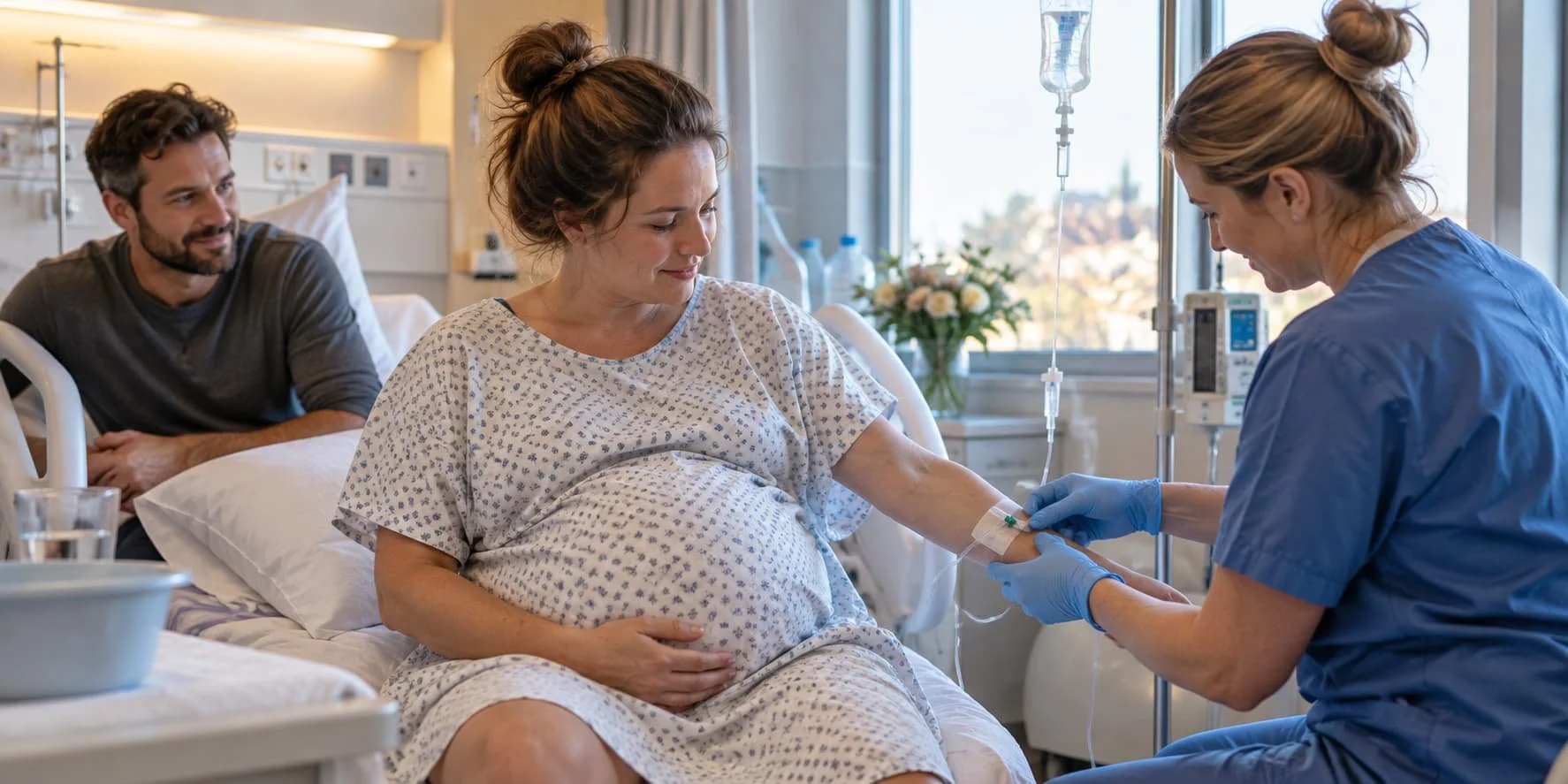 Pregnant woman receiving intravenous antibiotics during labour for GBS