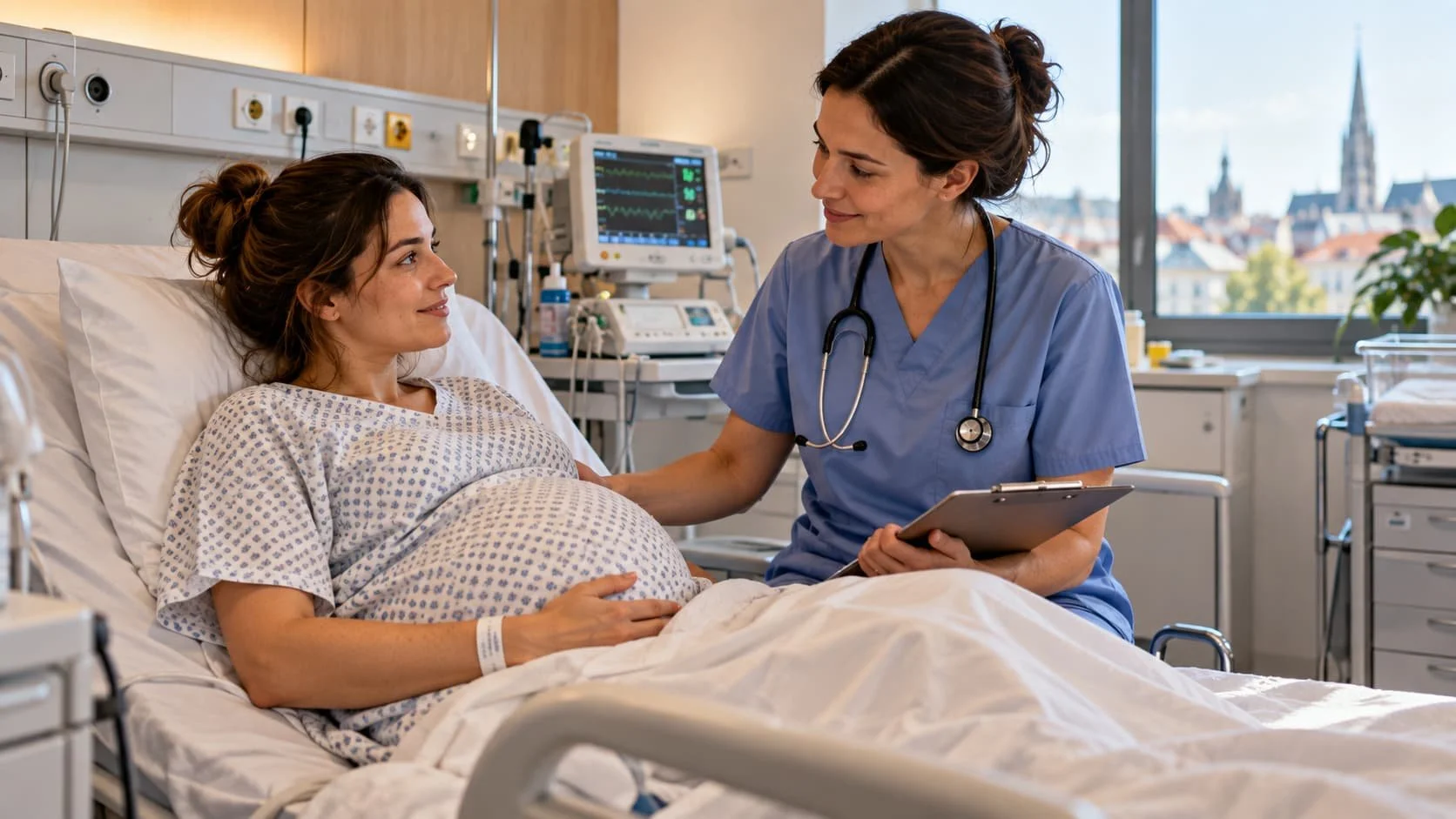 Pregnant woman receiving maternity assessment after her waters break