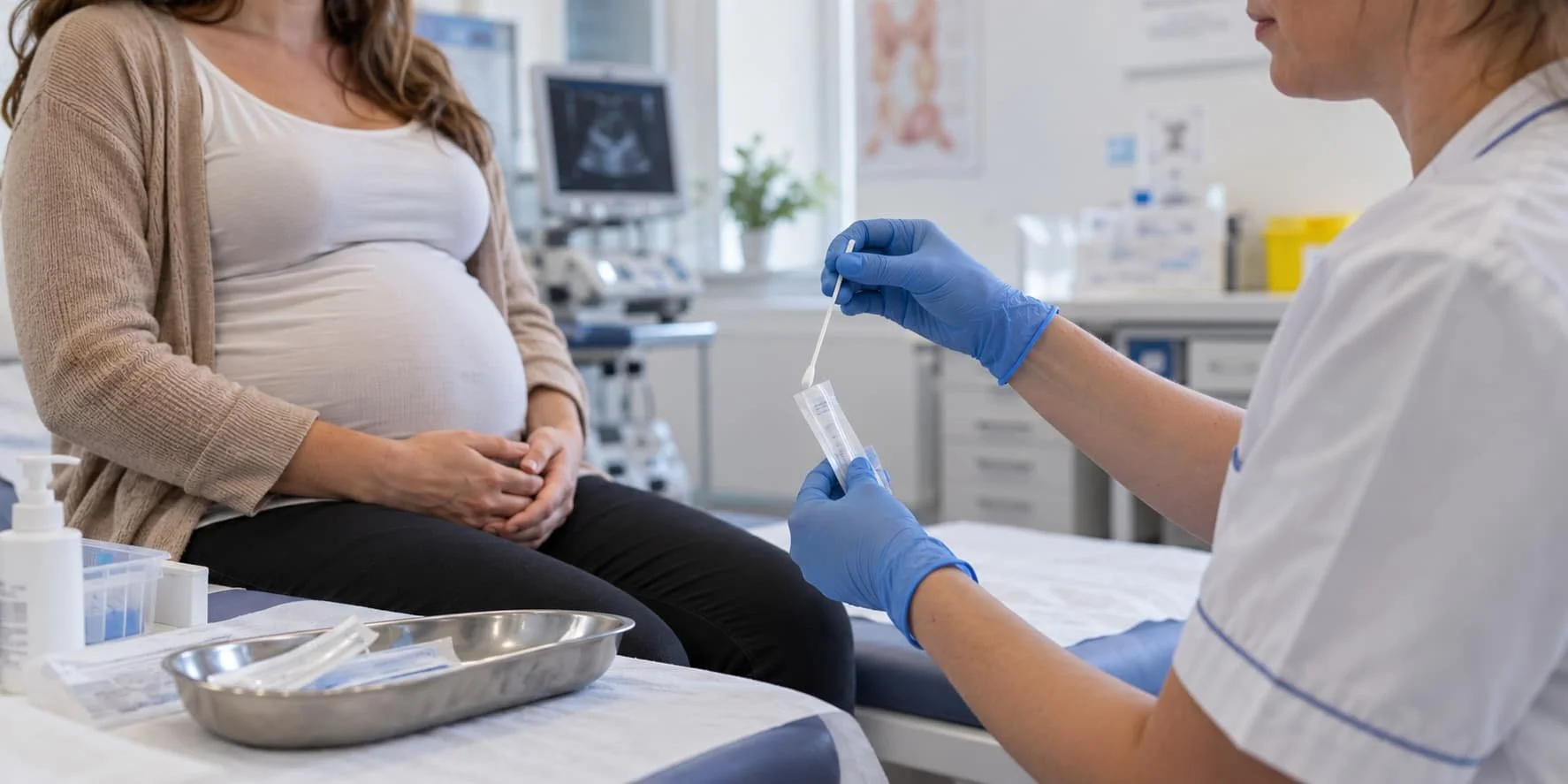 Healthcare professional preparing a GBS screening swab during pregnancy