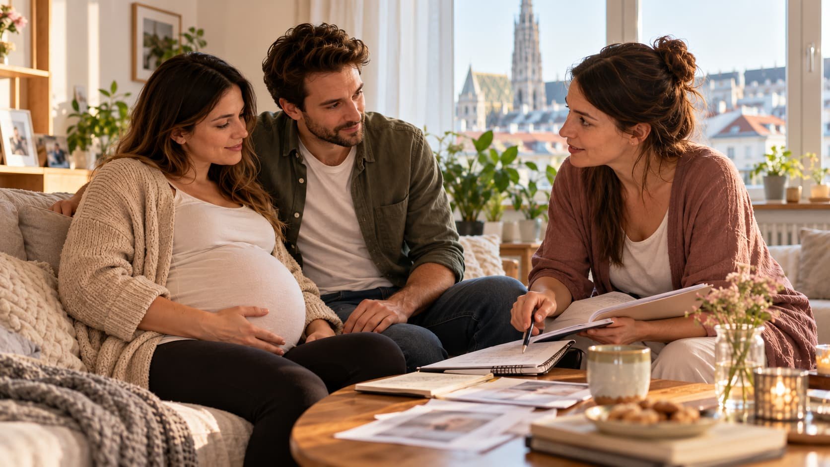 Pregnant woman discussing her birth plan with a doula and partner in Vienna
