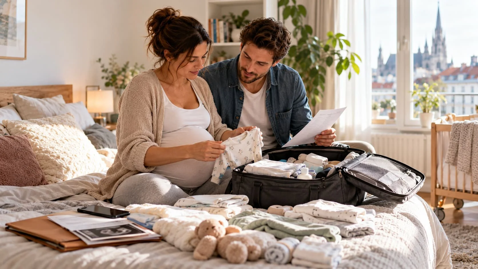 Pregnant couple preparing a hospital bag and birth essentials before labour.