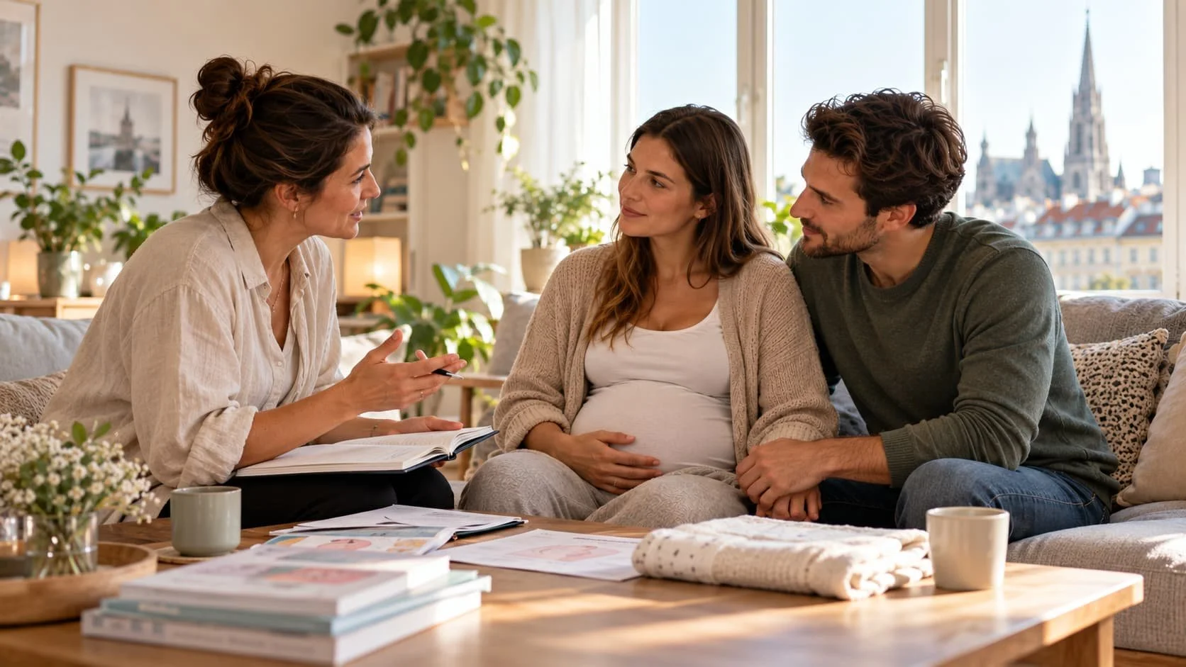 Birth doula helping a pregnant woman and her partner prepare for labour in Vienna.
