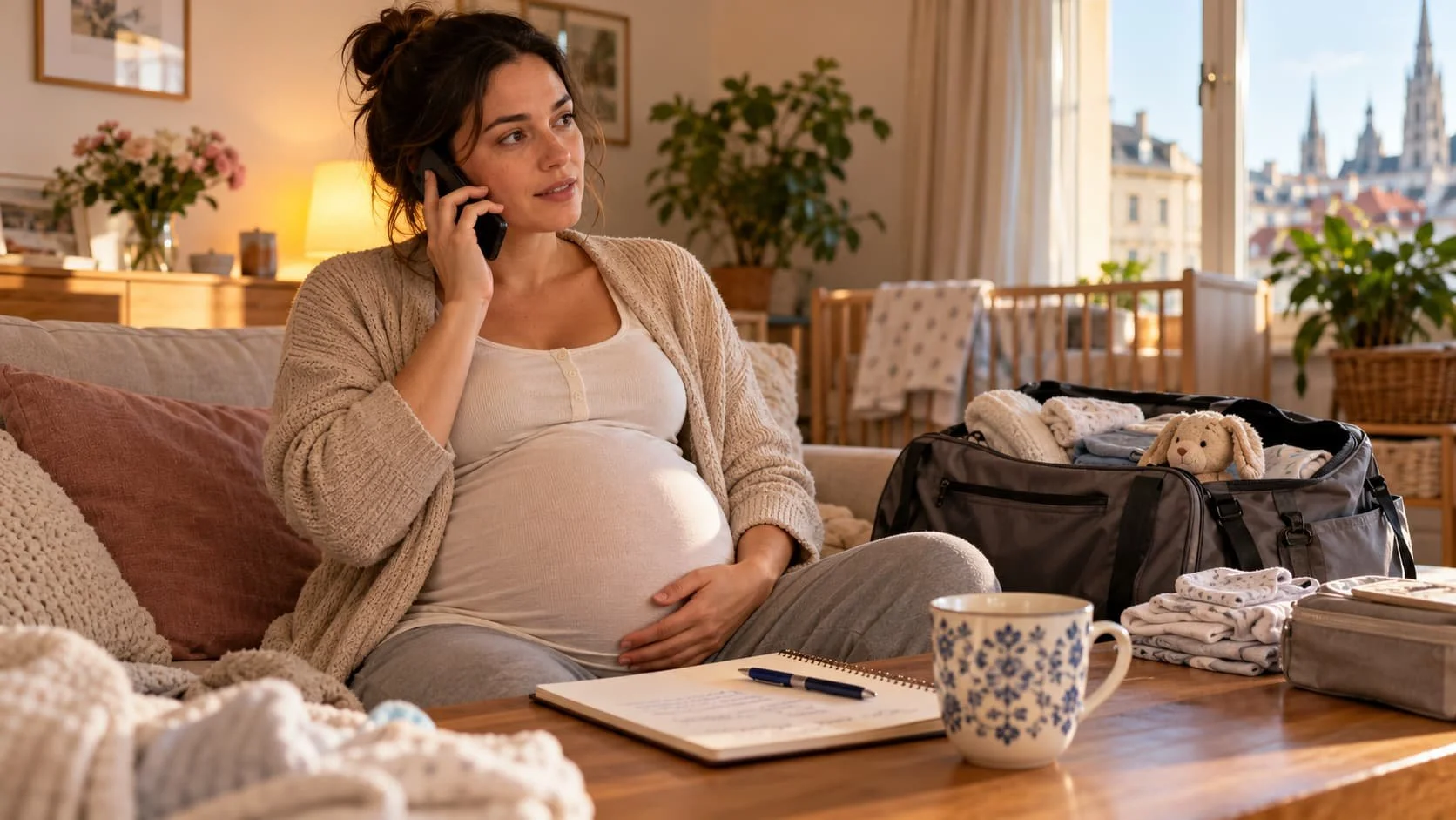 Pregnant woman contacting her maternity team after her waters break