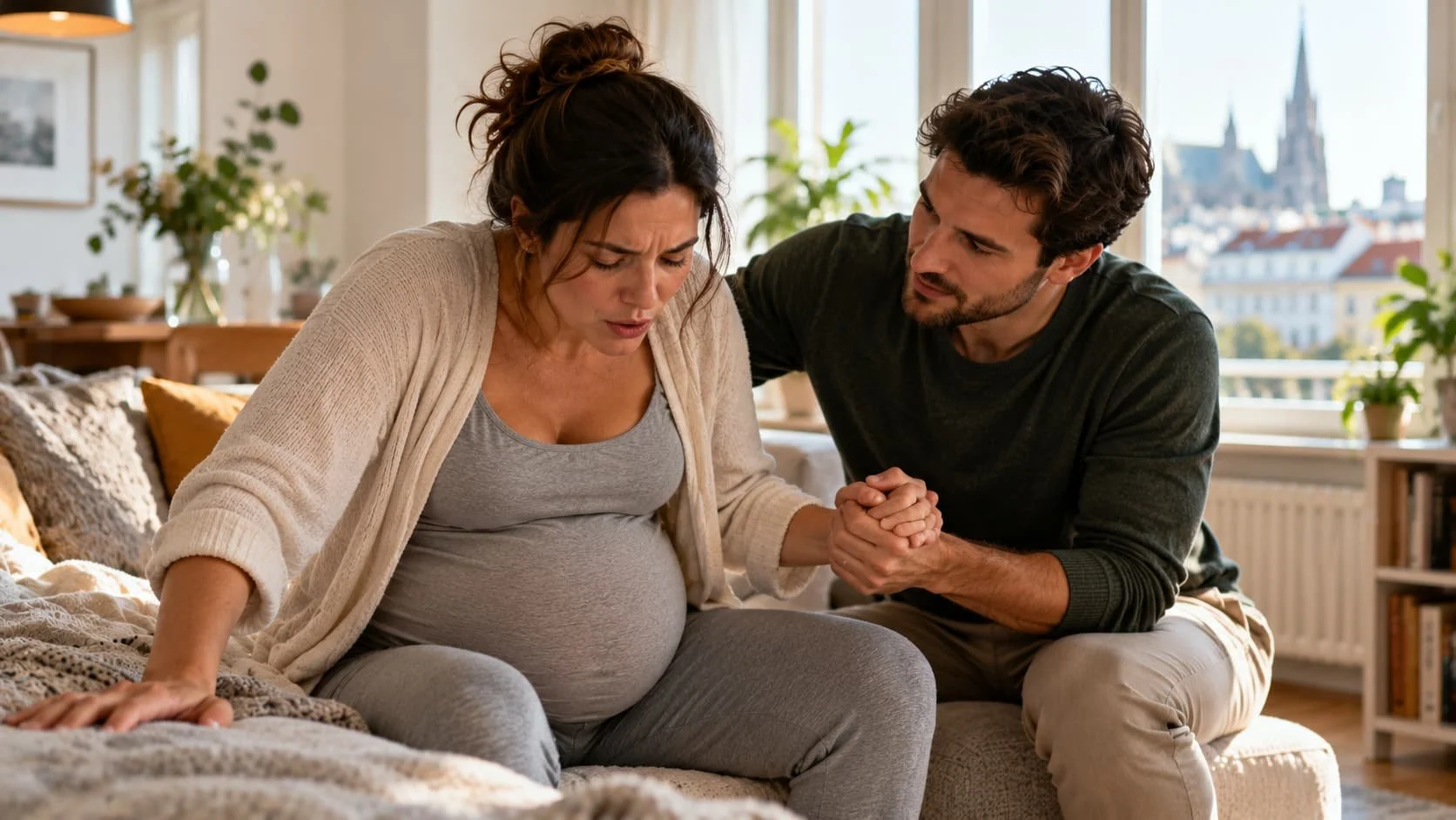 Pregnant woman breathing through a contraction while her partner supports her.