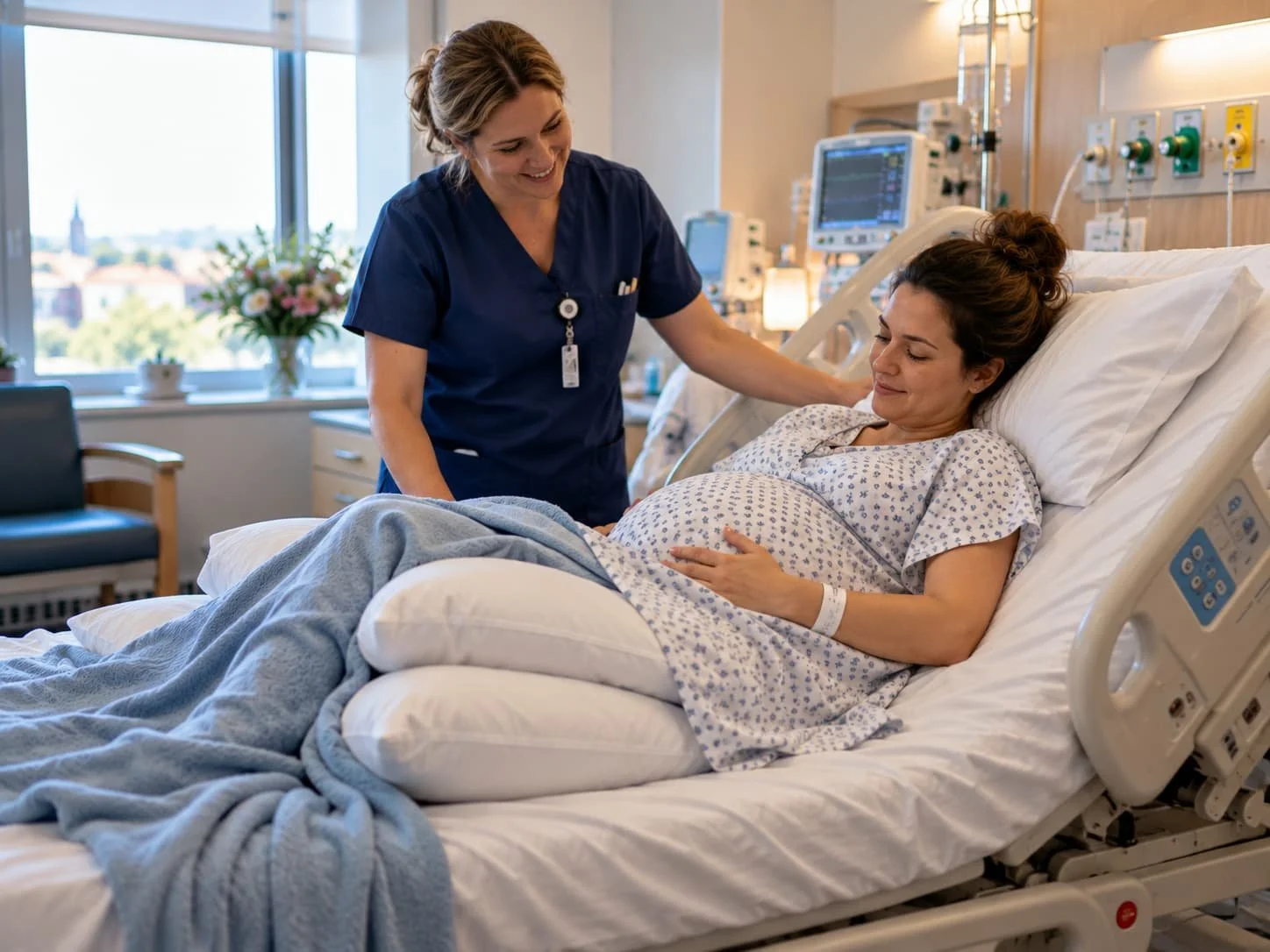 Woman in a semi-reclined position on an adjustable hospital bed during labour