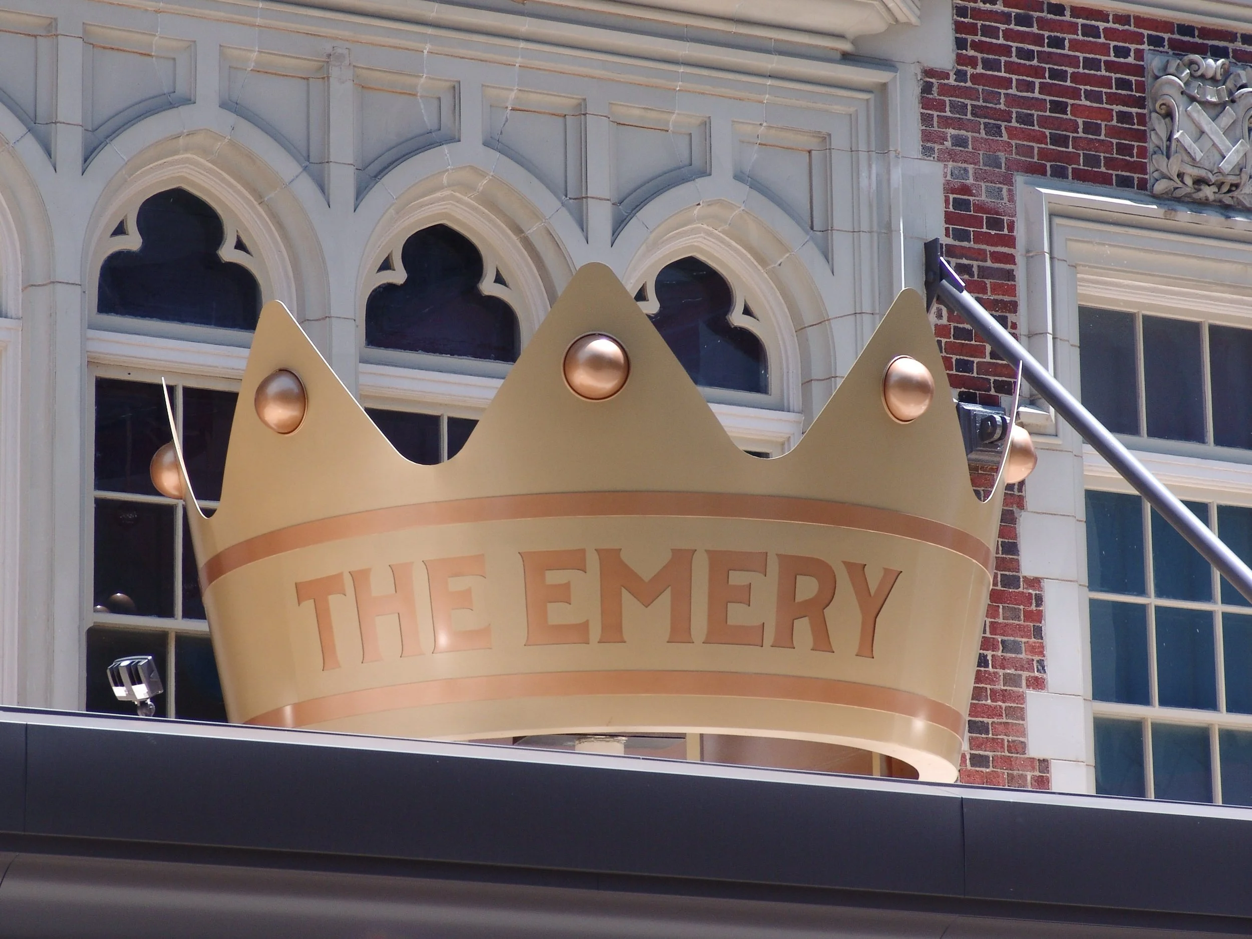 Rotating crown reading "The Emery" placed above the door of Cincinnati Children's Theatre. Crown created by Brite Line Signs in Columbus, Ohio