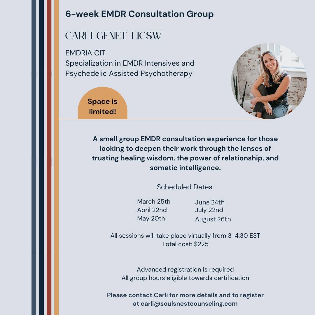 ✨Attention EMDR therapists! ✨
.
Beginning in late March I will be offering a monthly EMDR consultation group. I hope to bring some of my specialized knowledge in psychedelic and intensive healing to the space, though the group does not have a special