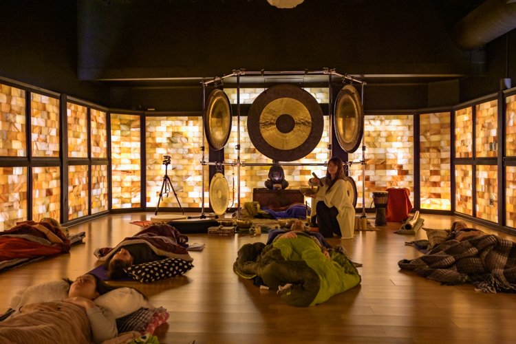 Sound and Gong bath at the Himalayan Salt Crystal room at Prana Yoga Center (Copy)