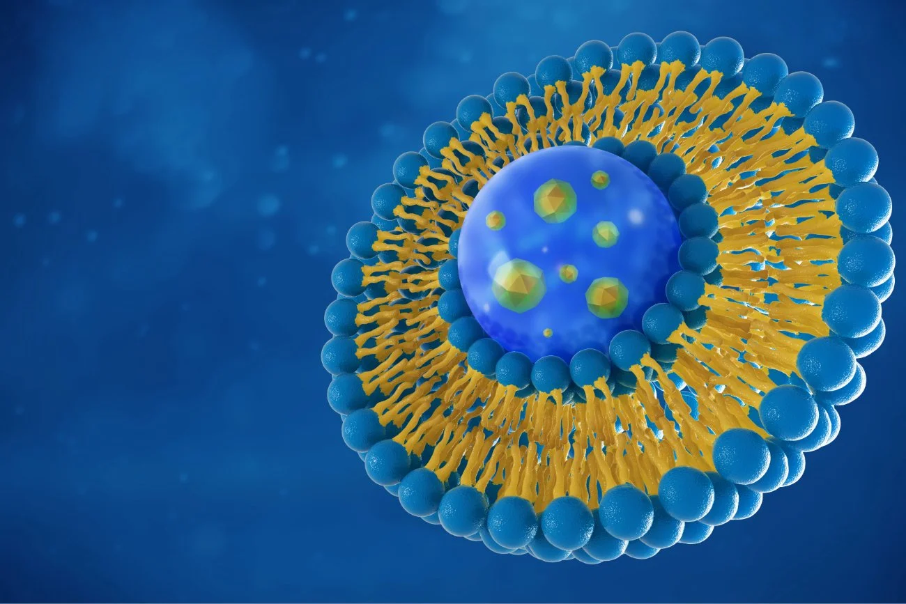 A colorful digital illustration of a virus particle, showing its outer protein shell with yellow spike-like structures and inner blue core containing green geometric shapes, set against a blue background.