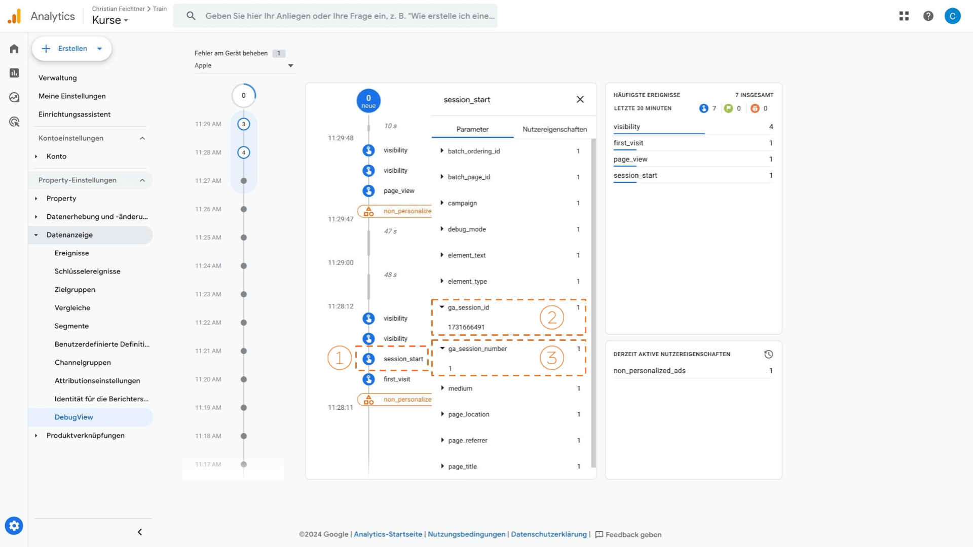 Parameter für das session_start Ereignis im GA4 Debug View